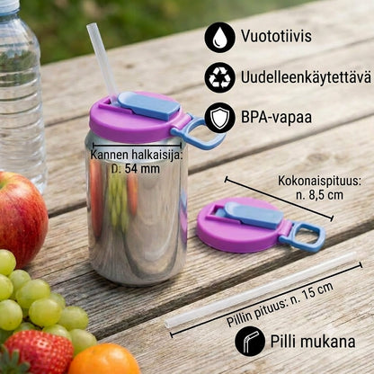 2-in-1 Uudelleenkäytettävät silikonikannet tölkeille pillillä – Vuotamattomat ja kannettavat juomakannet (1 setti, 2 kpl)