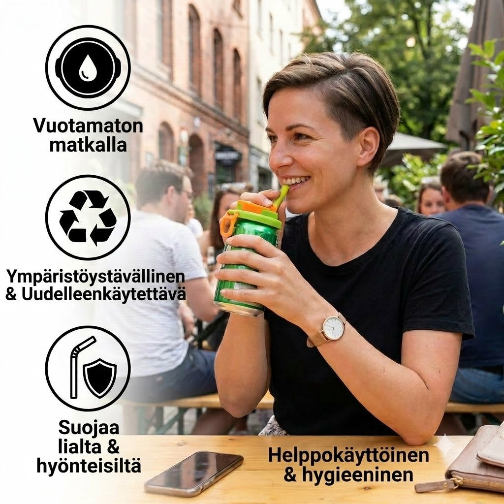 2-in-1 Uudelleenkäytettävät silikonikannet tölkeille pillillä – Vuotamattomat ja kannettavat juomakannet (1 setti, 2 kpl)