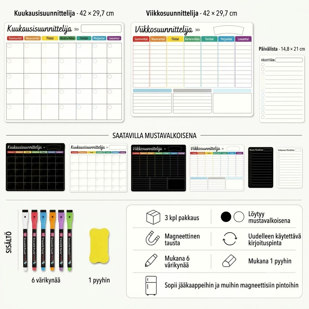 Magneettinen perhekalenteri – Kuukausi-, viikko- ja päiväsuunnitelma