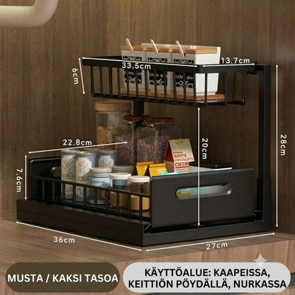 2-kerroksinen ulosvedettävä säilytyshylly allaskaappiin