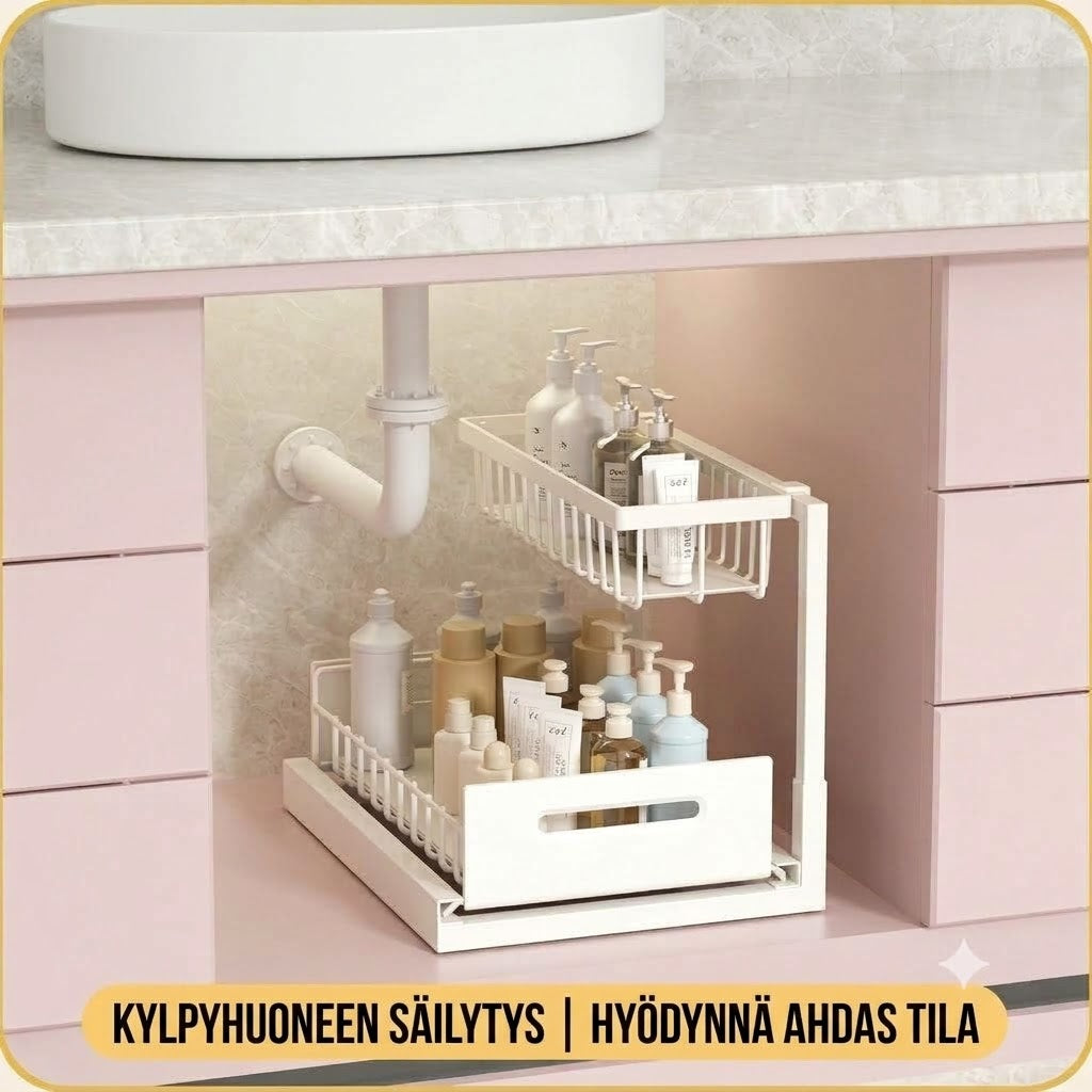2-kerroksinen ulosvedettävä säilytyshylly allaskaappiin