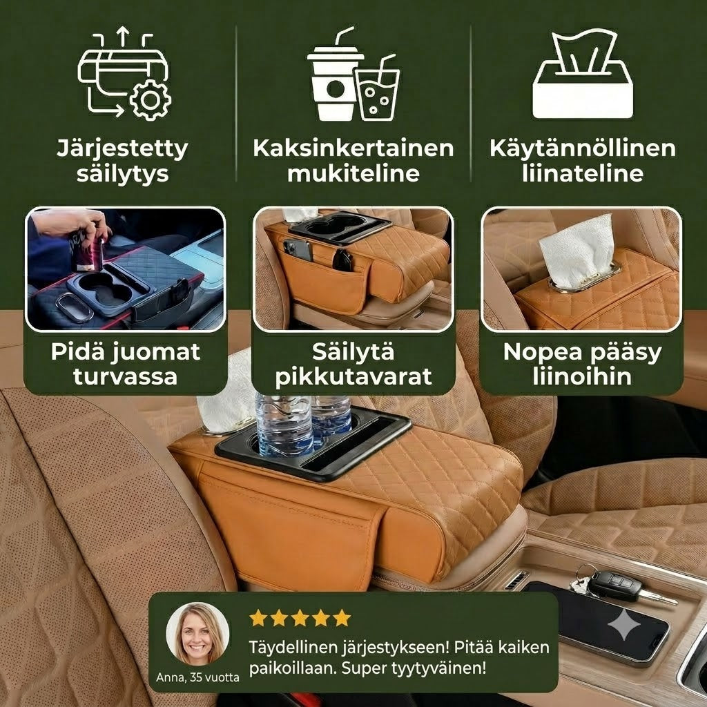 Monikäyttöinen säilytyslaukku auton kyynärnojalle – Mukitelineellä ja sisäänrakennetulla lokerolla