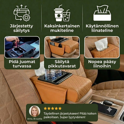 Monikäyttöinen säilytyslaukku auton kyynärnojalle – Mukitelineellä ja sisäänrakennetulla lokerolla