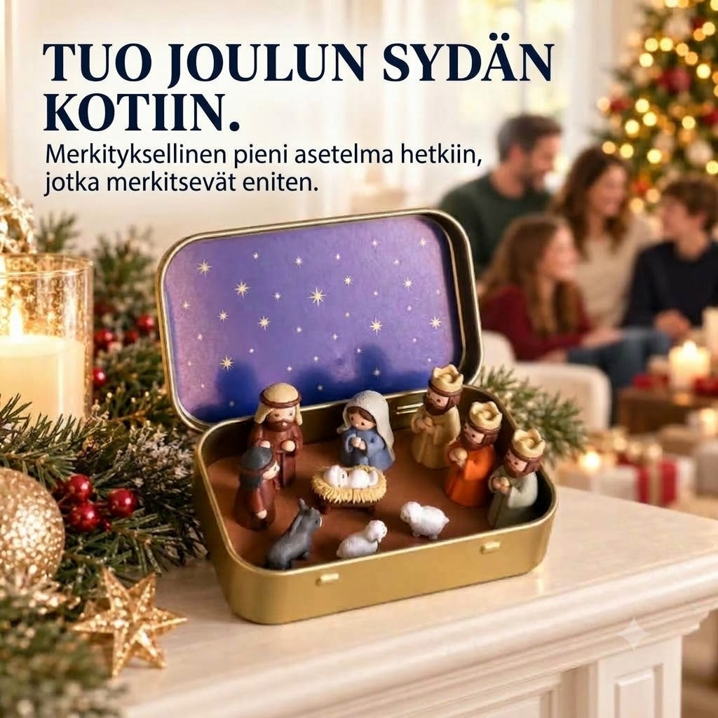 Kannettava mini-jouluseimi metallirasiassa – Taskukokoinen käsintehty seimiasetelma