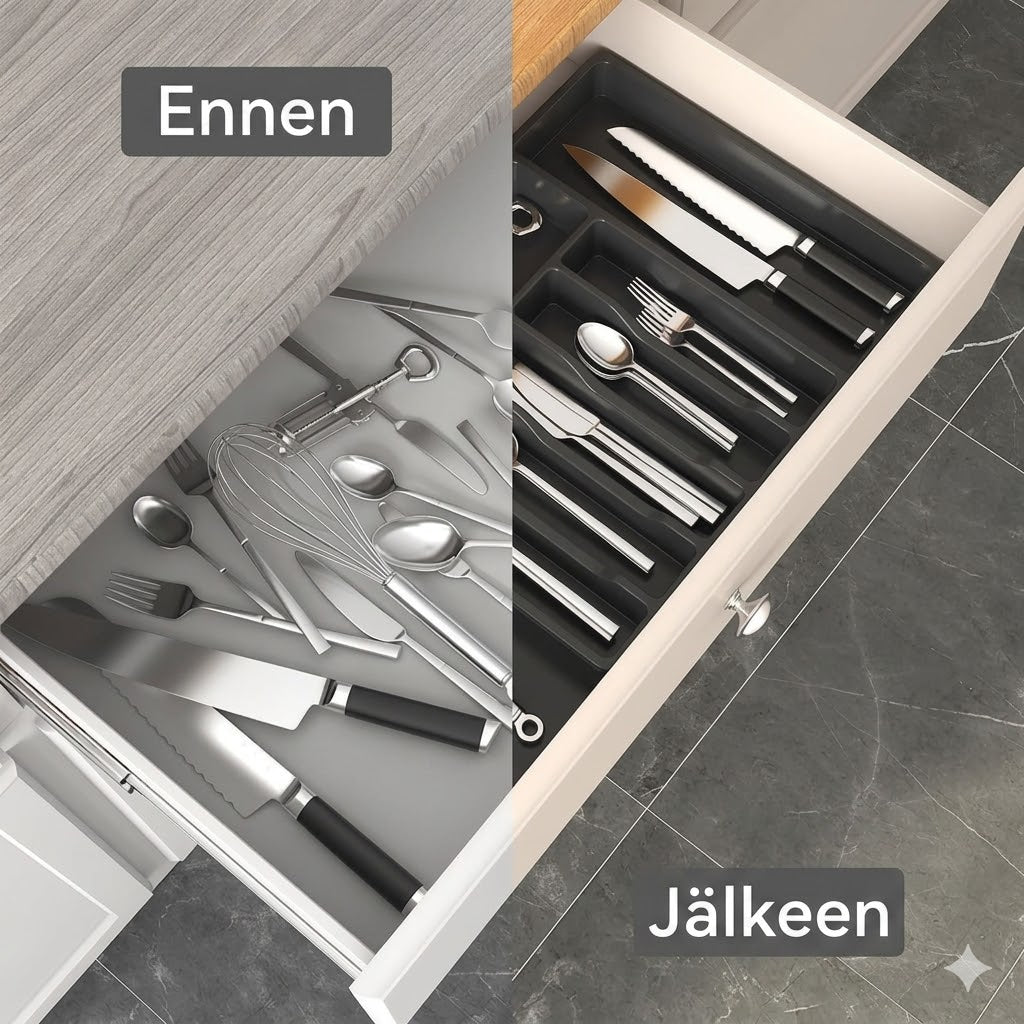 Laajennettava aterinlaatikko keittiön vetolaatikkoon