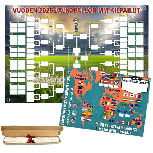 Jalkapallon MM-kisojen 2026 otteluohjelmaposteri – Täytä, aseta vedot ja seuraa koko turnausta.