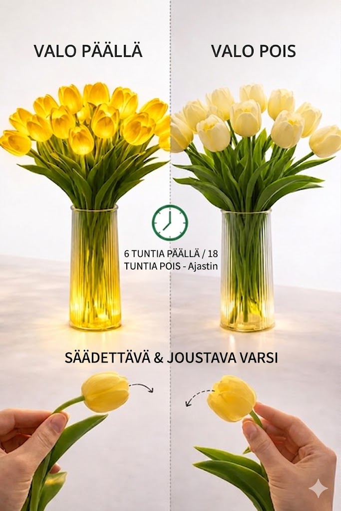 Romanttinen LED-tulppaanilamppu - Tunnelmallinen yövalo - Tekokukat valolla - Koriste