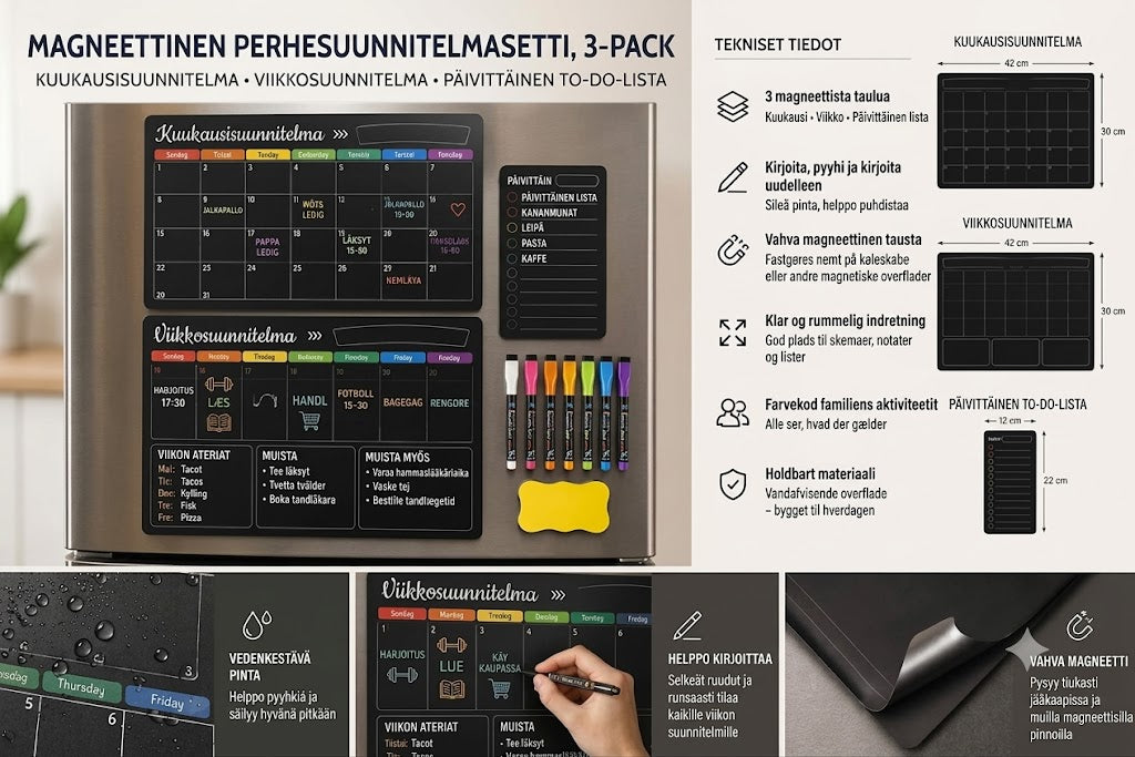 Magneettinen perhekalenteri – Kuukausi-, viikko- ja päiväsuunnitelma