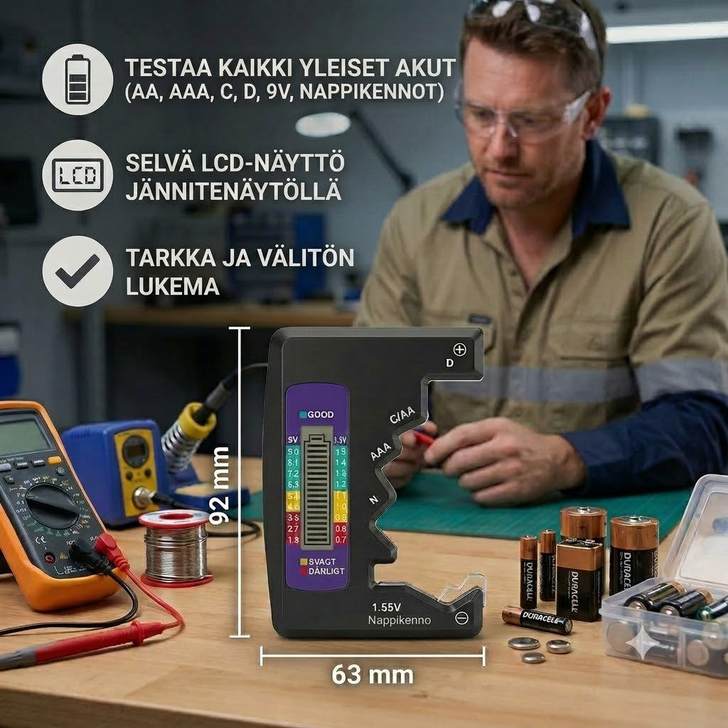 Digitaalinen paristotesteri LCD-näytöllä – Mittaa AA-, AAA-, C-, D-, 9V- ja nappiparistojen kapasiteetin 🔋