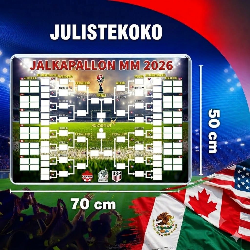 Jalkapallon MM-kisojen 2026 otteluohjelmaposteri – Täytä, aseta vedot ja seuraa koko turnausta.