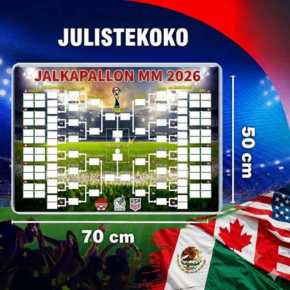 Jalkapallon MM-kisojen 2026 otteluohjelmaposteri – Täytä, aseta vedot ja seuraa koko turnausta.