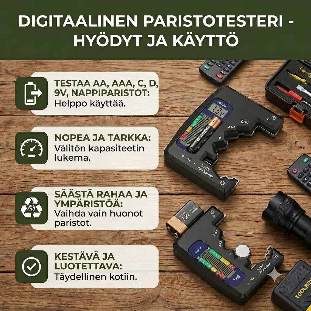 Digitaalinen paristotesteri LCD-näytöllä – Mittaa AA-, AAA-, C-, D-, 9V- ja nappiparistojen kapasiteetin 🔋