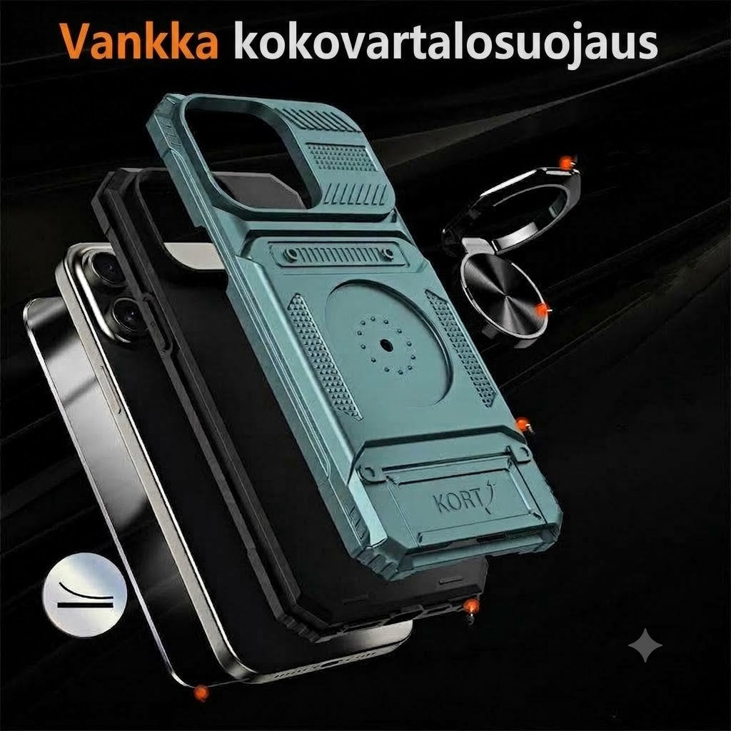 Iskuakestävä suojakuori iPhonelle korttipaikalla ja integroidulla rengaspidikkeellä