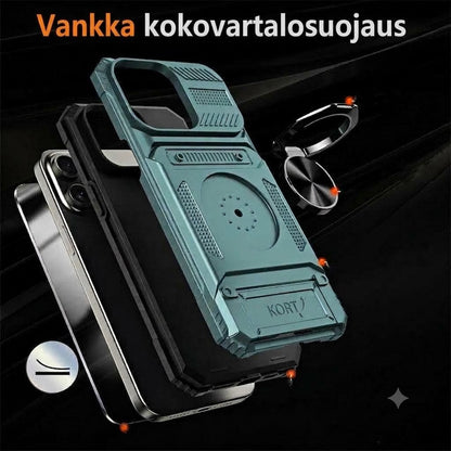 Iskuakestävä suojakuori iPhonelle korttipaikalla ja integroidulla rengaspidikkeellä