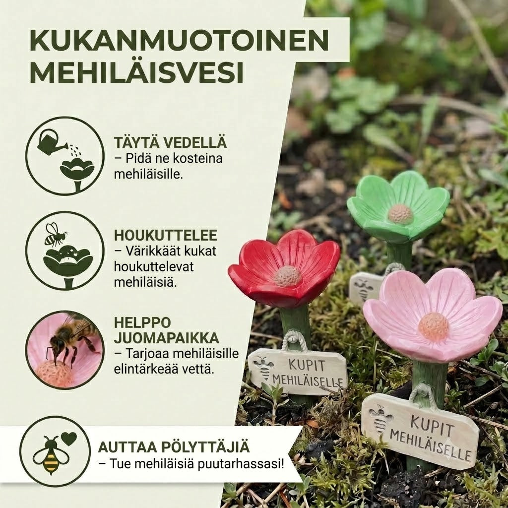 Kukanmuotoinen mehiläisten juottola – Värikäs vesiautomaatti puutarhaan
