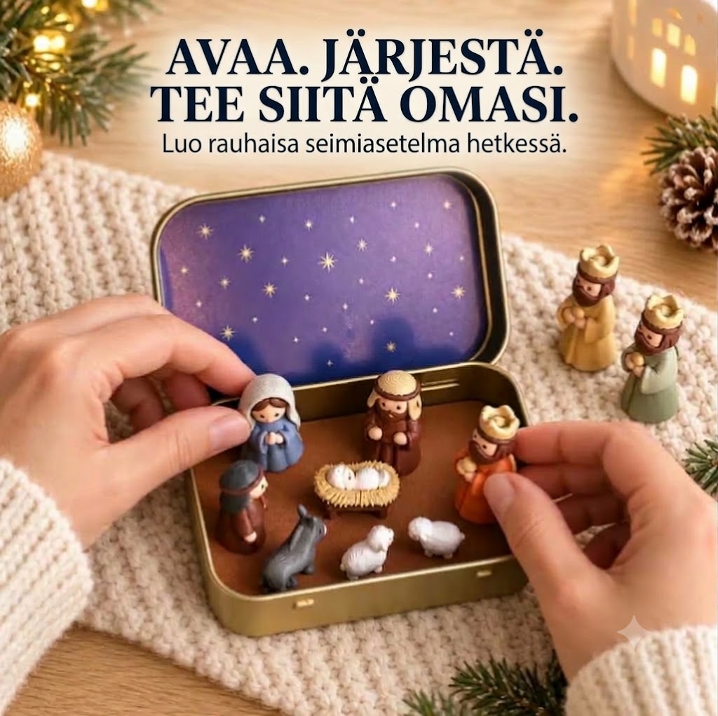 Kannettava mini-jouluseimi metallirasiassa – Taskukokoinen käsintehty seimiasetelma