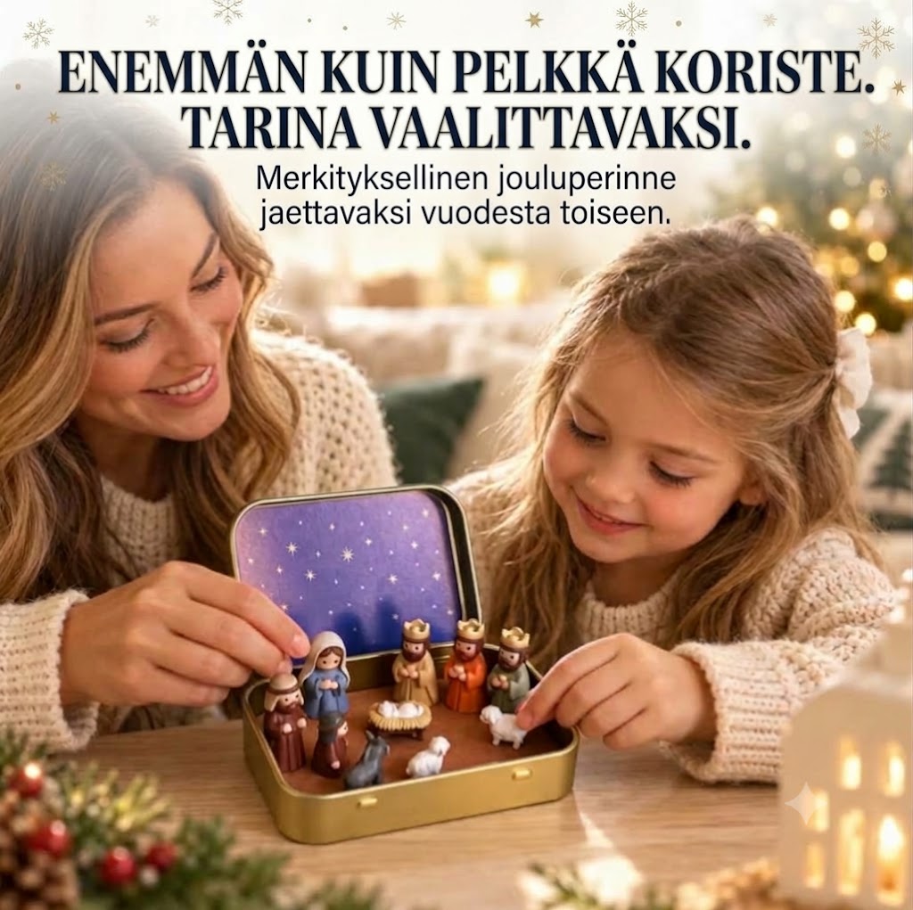 Kannettava mini-jouluseimi metallirasiassa – Taskukokoinen käsintehty seimiasetelma